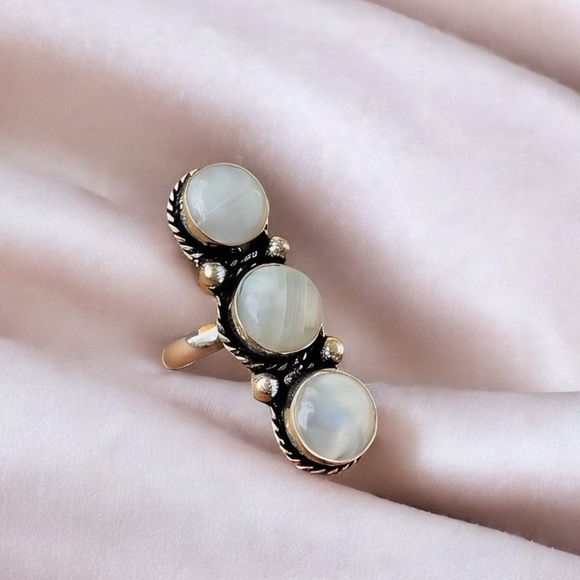 925 Sterling Silver and Triple Natural Rainbow Moonstone Ring - Picture 4 of 13
